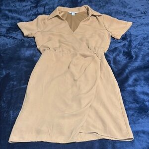 Nine West Tan Mini Wrap Dress with Tie Front and Notched Collar